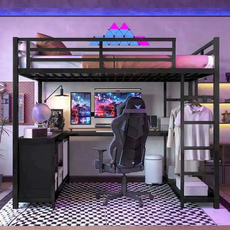 Metall-Hochbett mit Kleiderschrank und L-förmigem Schreibtisch - platzsparendes Bett in Queen-/Full-Größe mit Aufbewahrungswürfeln und Regalen für Jugendliche/Erwachsene