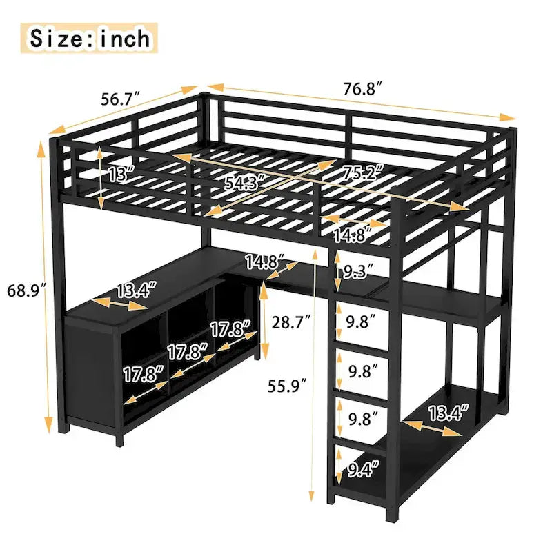 Metall-Hochbett mit Kleiderschrank und L-förmigem Schreibtisch - platzsparendes Bett in Queen-/Full-Größe mit Aufbewahrungswürfeln und Regalen für Jugendliche/Erwachsene