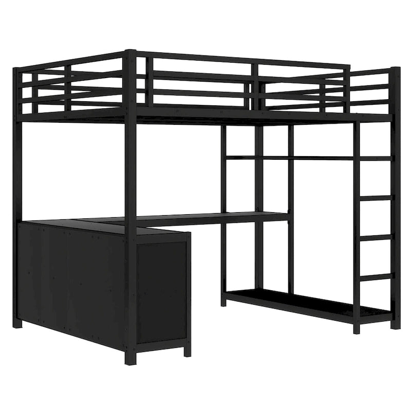 Metall-Hochbett mit Kleiderschrank und L-förmigem Schreibtisch - platzsparendes Bett in Queen-/Full-Größe mit Aufbewahrungswürfeln und Regalen für Jugendliche/Erwachsene