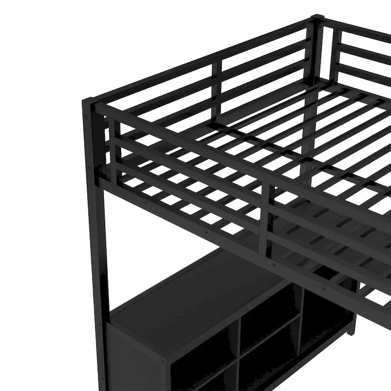 Metall-Hochbett mit Kleiderschrank und L-förmigem Schreibtisch - platzsparendes Bett in Queen-/Full-Größe mit Aufbewahrungswürfeln und Regalen für Jugendliche/Erwachsene