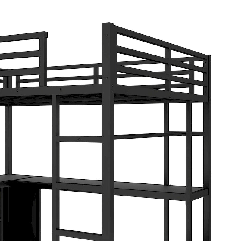 Metall-Hochbett mit Kleiderschrank und L-förmigem Schreibtisch - platzsparendes Bett in Queen-/Full-Größe mit Aufbewahrungswürfeln und Regalen für Jugendliche/Erwachsene