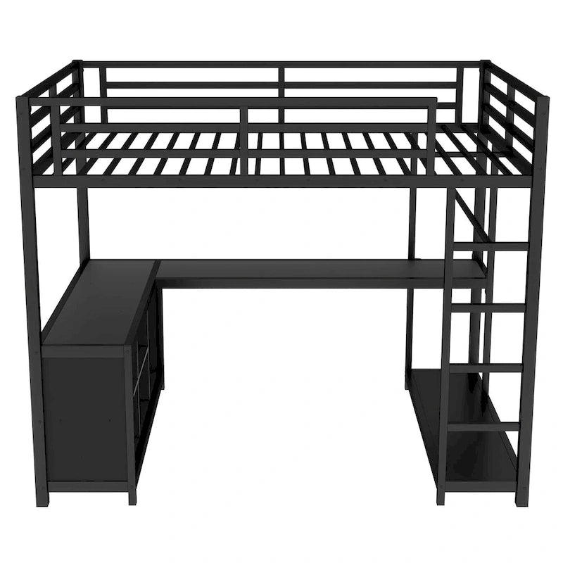 Metall-Hochbett mit Kleiderschrank und L-förmigem Schreibtisch - platzsparendes Bett in Queen-/Full-Größe mit Aufbewahrungswürfeln und Regalen für Jugendliche/Erwachsene