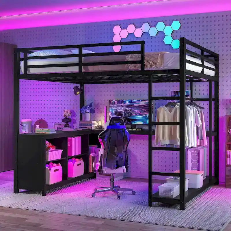 Metall-Hochbett mit Kleiderschrank und L-förmigem Schreibtisch - platzsparendes Bett in Queen-/Full-Größe mit Aufbewahrungswürfeln und Regalen für Jugendliche/Erwachsene