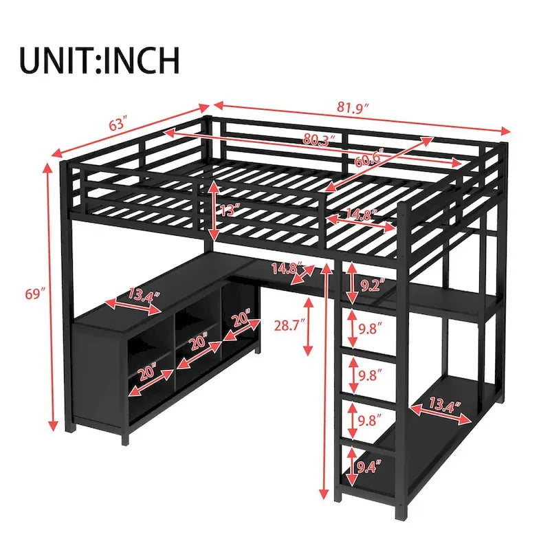 Metall-Hochbett mit Kleiderschrank und L-förmigem Schreibtisch - platzsparendes Bett in Queen-/Full-Größe mit Aufbewahrungswürfeln und Regalen für Jugendliche/Erwachsene