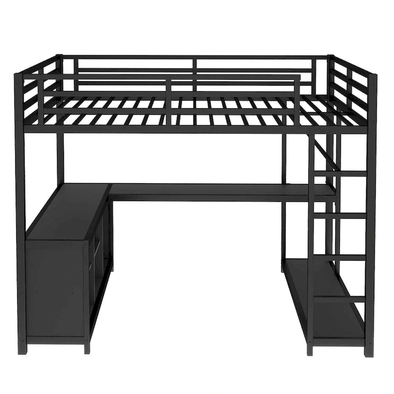 Metall-Hochbett mit Kleiderschrank und L-förmigem Schreibtisch - platzsparendes Bett in Queen-/Full-Größe mit Aufbewahrungswürfeln und Regalen für Jugendliche/Erwachsene
