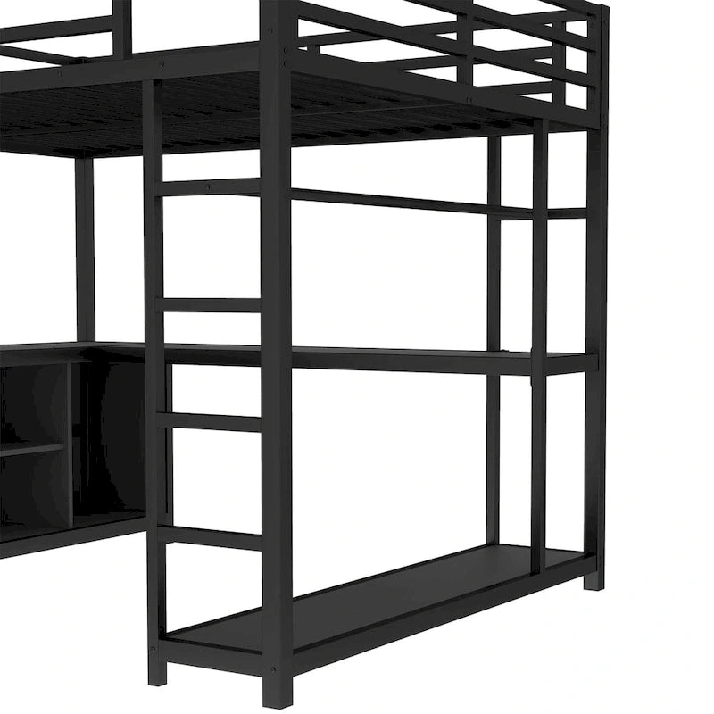Metall-Hochbett mit Kleiderschrank und L-förmigem Schreibtisch - platzsparendes Bett in Queen-/Full-Größe mit Aufbewahrungswürfeln und Regalen für Jugendliche/Erwachsene