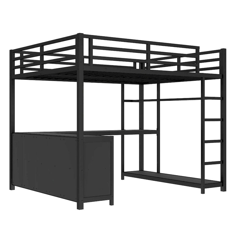 Metall-Hochbett mit Kleiderschrank und L-förmigem Schreibtisch - platzsparendes Bett in Queen-/Full-Größe mit Aufbewahrungswürfeln und Regalen für Jugendliche/Erwachsene
