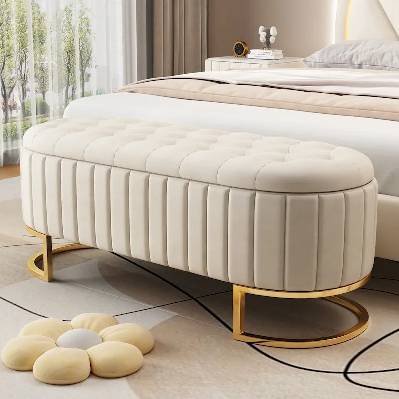Elegante pouf contenitore in velluto con design trapuntato a bottoni, panca imbottita con gambe in metallo per camera da letto