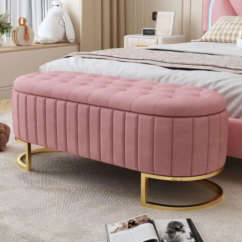 Elegante pouf contenitore in velluto con design trapuntato a bottoni, panca imbottita con gambe in metallo per camera da letto