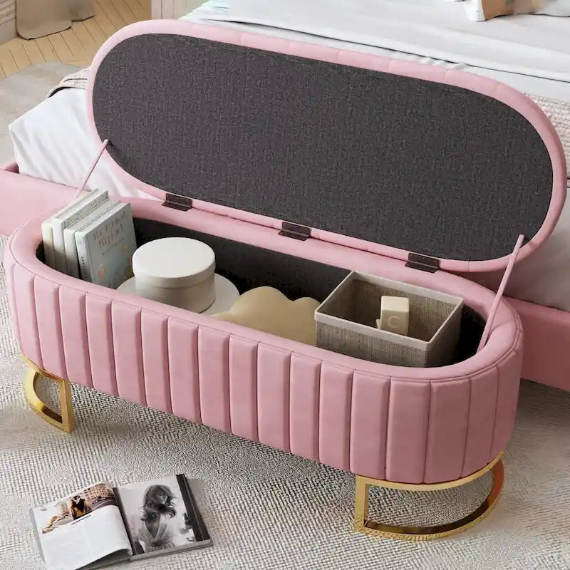Eleganter Samt-Aufbewahrungshocker mit Knopfheftung, gepolsterte Bank mit Metallbeinen für das Schlafzimmer