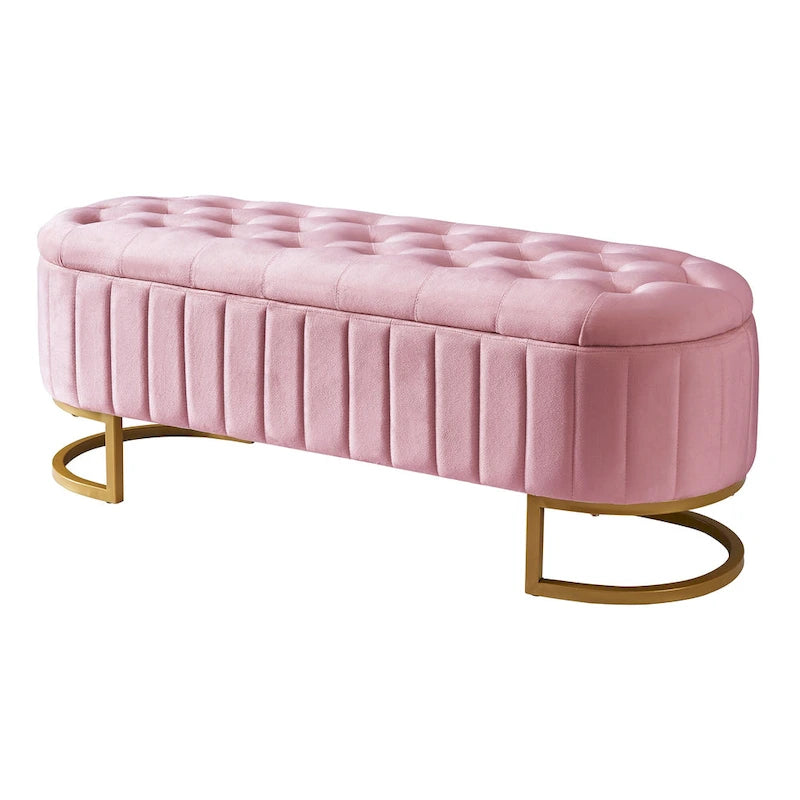 Eleganter Samt-Aufbewahrungshocker mit Knopfheftung, gepolsterte Bank mit Metallbeinen für das Schlafzimmer
