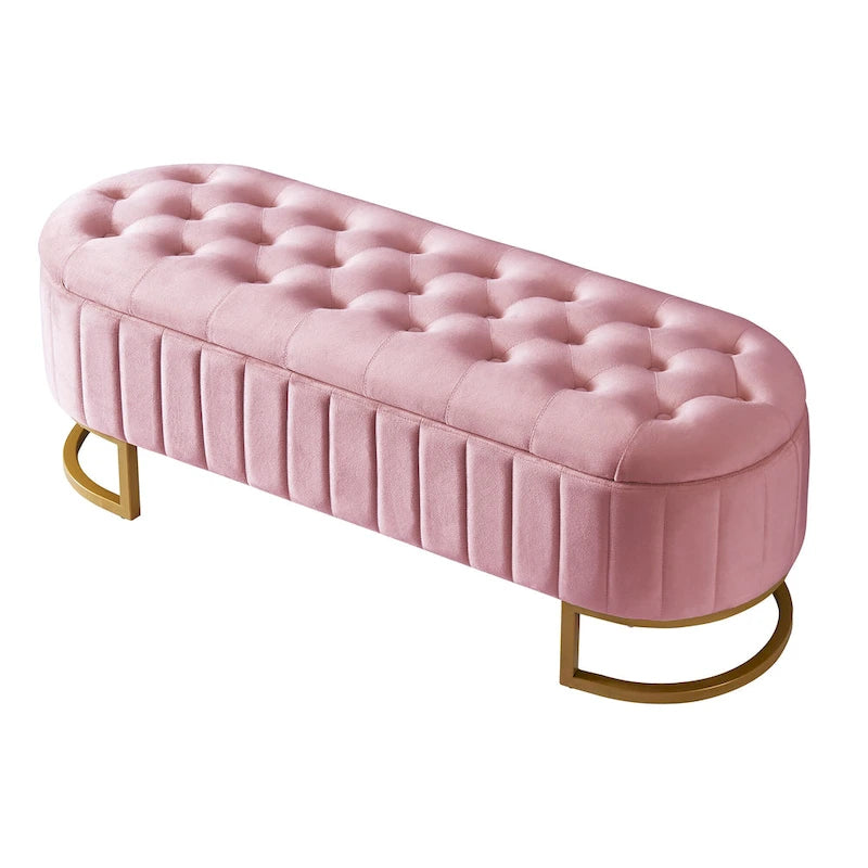 Eleganter Samt-Aufbewahrungshocker mit Knopfheftung, gepolsterte Bank mit Metallbeinen für das Schlafzimmer