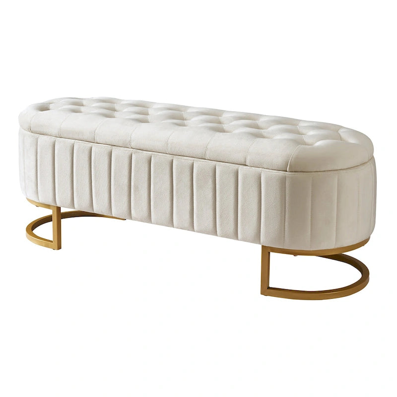 Eleganter Samt-Aufbewahrungshocker mit Knopfheftung, gepolsterte Bank mit Metallbeinen für das Schlafzimmer