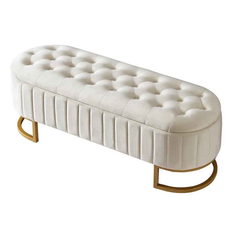 Eleganter Samt-Aufbewahrungshocker mit Knopfheftung, gepolsterte Bank mit Metallbeinen für das Schlafzimmer