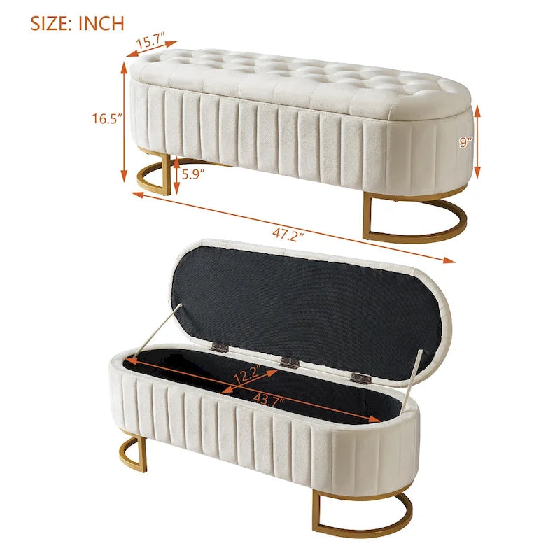 Eleganter Samt-Aufbewahrungshocker mit Knopfheftung, gepolsterte Bank mit Metallbeinen für das Schlafzimmer