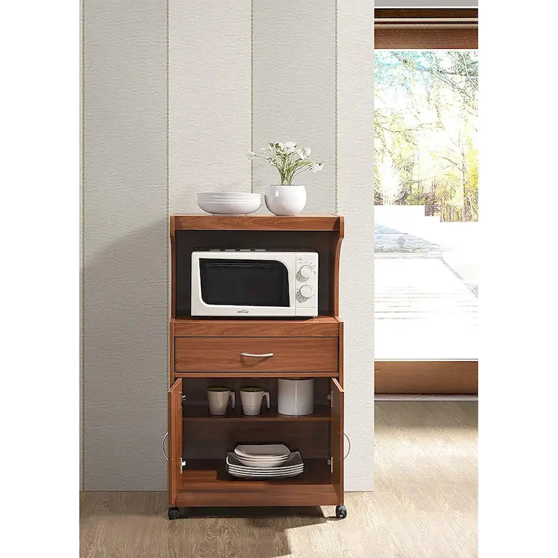 Carrello contenitore con ruote e ripiano per microonde per cucina e sala da pranzo, ciliegio