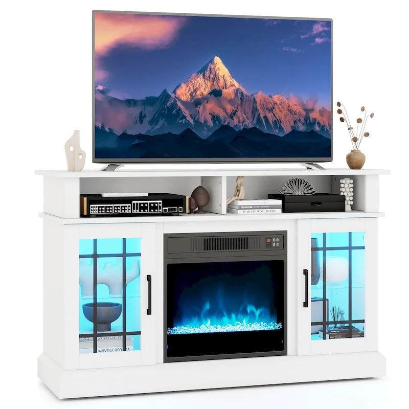 Mobile TV con caminetto elettrico, luci LED e telecomandi