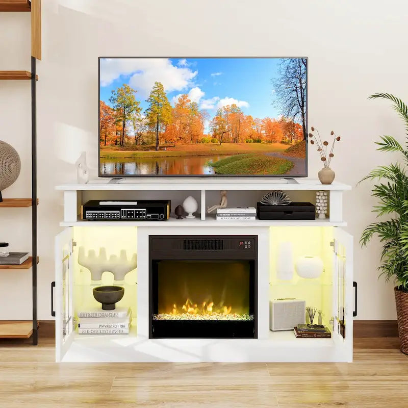 Mobile TV con caminetto elettrico, luci LED e telecomandi