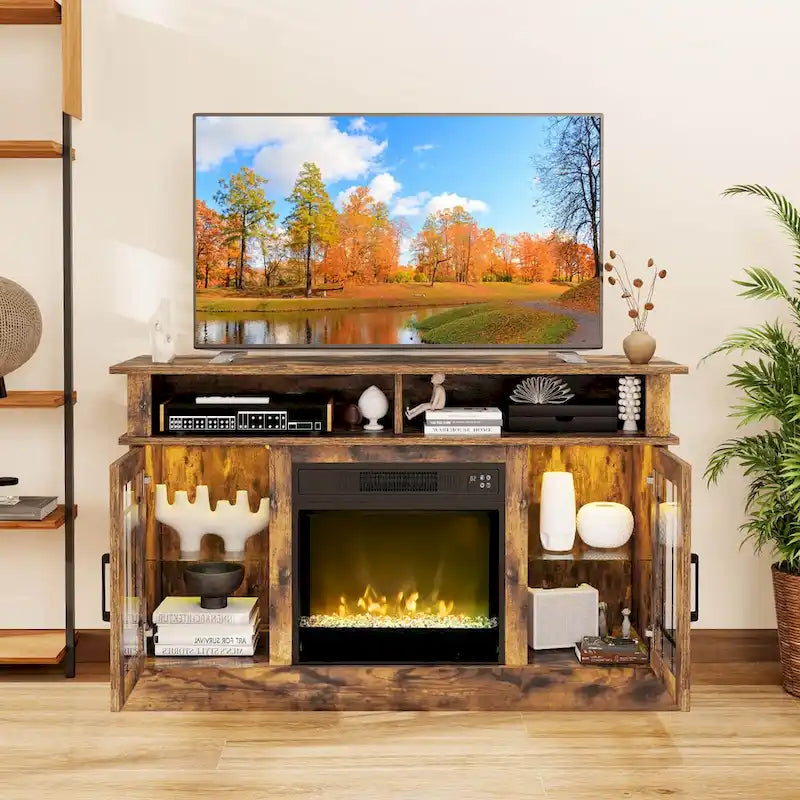 Mobile TV con caminetto elettrico, luci LED e telecomandi