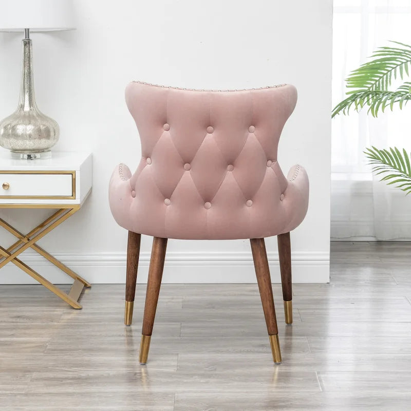 Rosa moderner, mit 23 Polyester gepolsterter Akzentsessel mit Beinen aus massivem Gummibaumholz und Nagelkopfverzierung