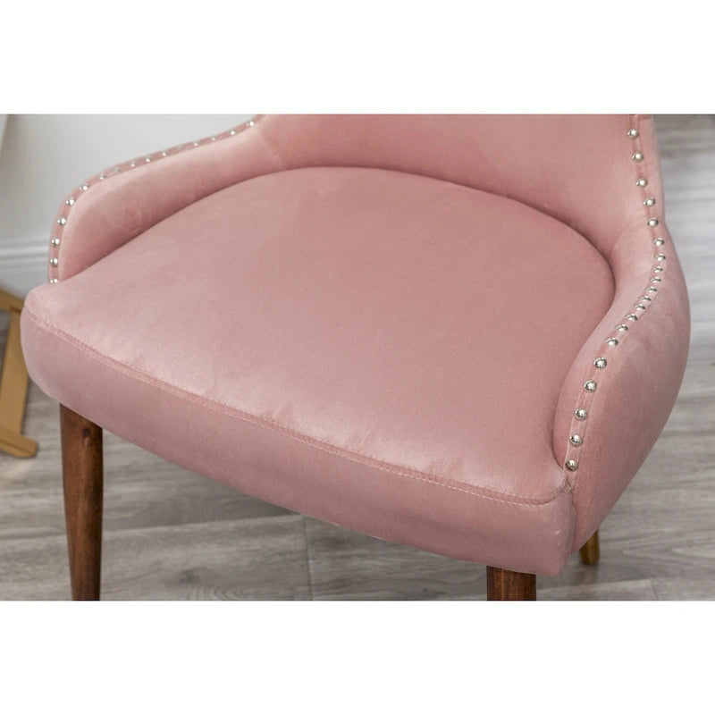 Rosa moderner, mit 23 Polyester gepolsterter Akzentsessel mit Beinen aus massivem Gummibaumholz und Nagelkopfverzierung