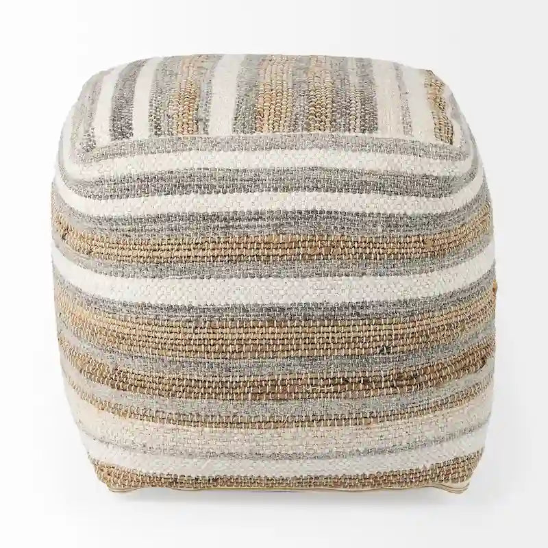 Quadratischer Pouf aus mehrfarbig gestreiftem Hanf und Baumwolle