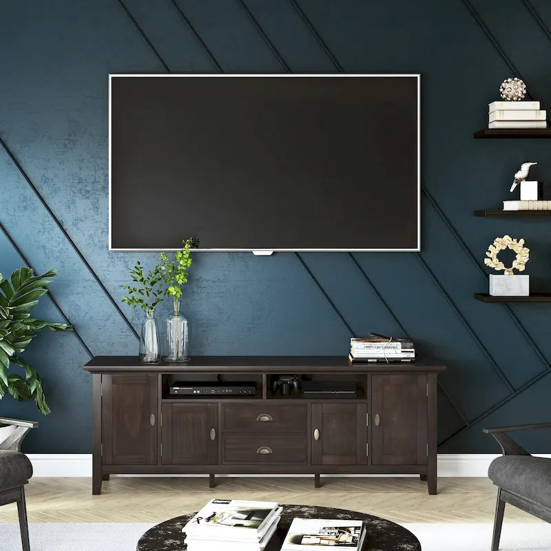 Mobile TV multimediale di transizione in legno massello largo 72 pollici per TV fino a 80 pollici - 72 W x 16.5 D x 26 H