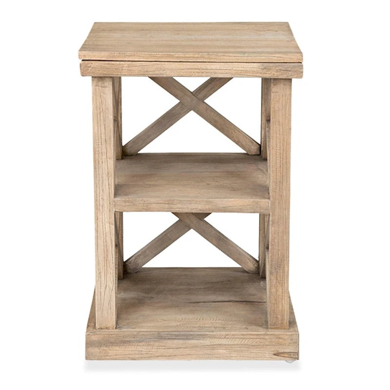 Tavolino laterale con struttura a X in legno Mindi naturale effetto vissuto