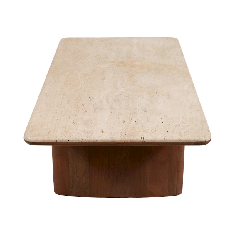 Eleganter Couchtisch aus Akazienholz und Travertin für modernes Wohnen