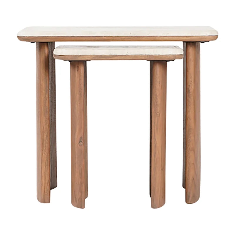 Eleganter Couchtisch aus Akazienholz und Travertin für modernes Wohnen