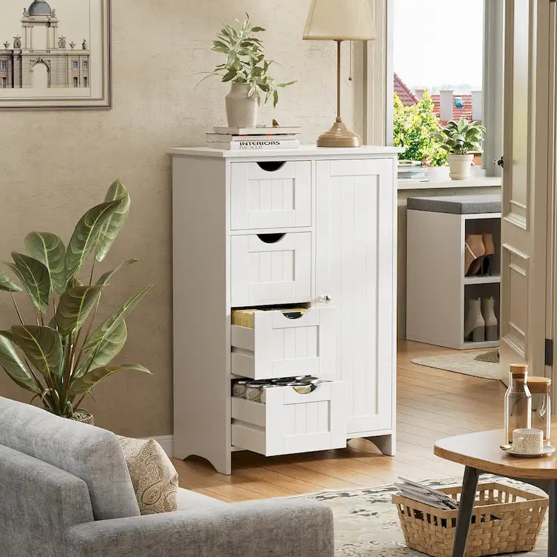 Mobiletto da bagno in legno, mobile contenitore indipendente con 4 cassetti e 1 anta