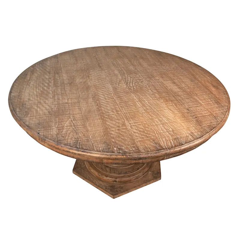 Ronde eettafel van teruggewonnen grenenhout van 59 inch met antiek-natuurlijke afwerking en gebeeldhouwde voet