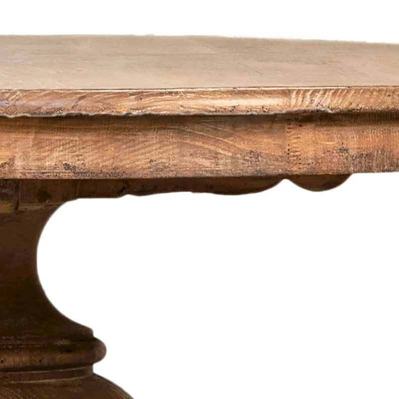 Ronde eettafel van teruggewonnen grenenhout van 59 inch met antiek-natuurlijke afwerking en gebeeldhouwde voet