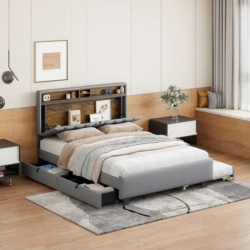 Letto a piattaforma imbottito Queen con letto estraibile Twin XL