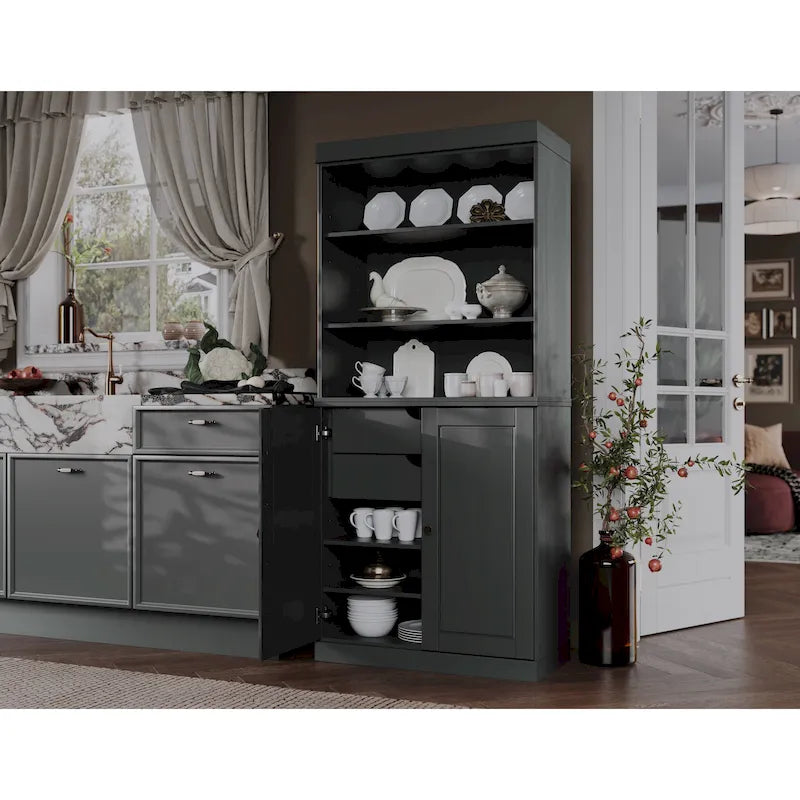 Dispensa da cucina in legno massello al 100% con 2 ante in vetro trasparente o legno massello e organizer a 2 cassetti by