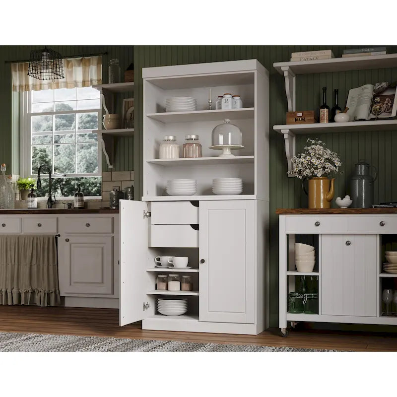 Dispensa da cucina in legno massello al 100% con 2 ante in vetro trasparente o legno massello e organizer a 2 cassetti by