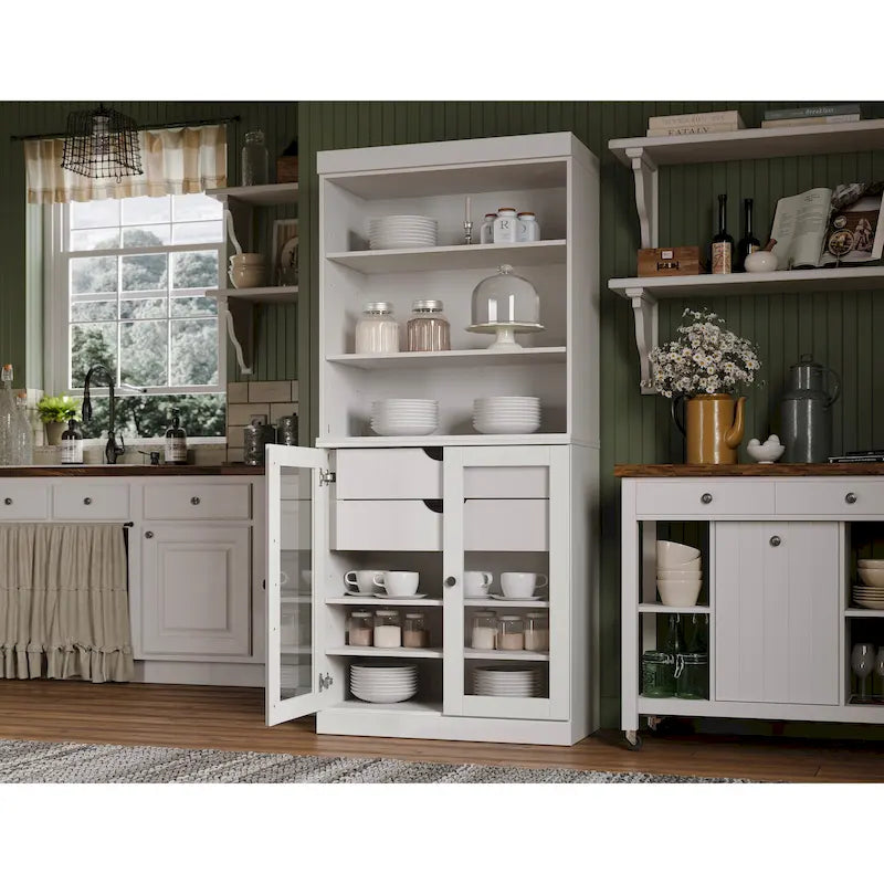 Dispensa da cucina in legno massello al 100% con 2 ante in vetro trasparente o legno massello e organizer a 2 cassetti by