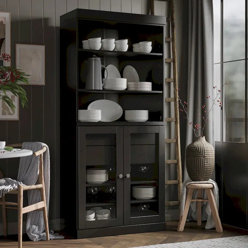 Dispensa da cucina in legno massello al 100% con 2 ante in vetro trasparente o legno massello e organizer a 2 cassetti by