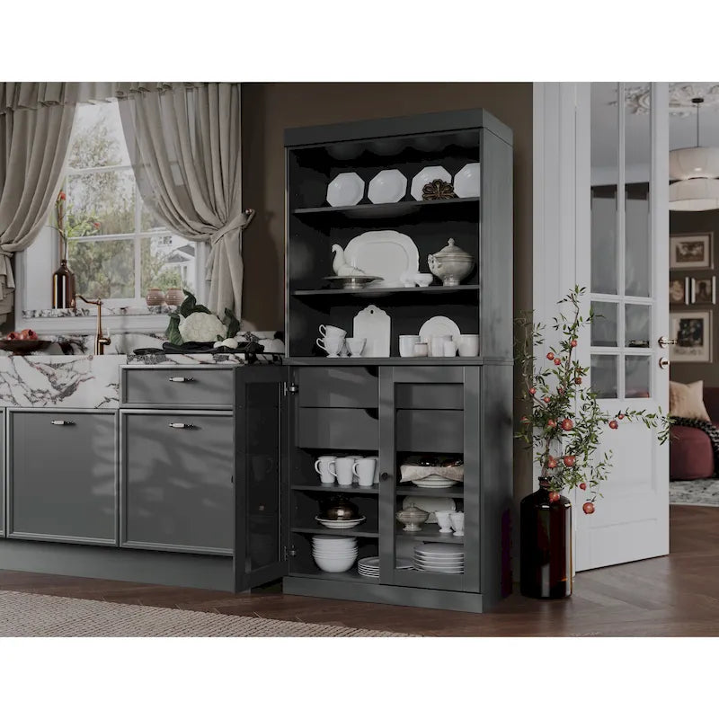 Dispensa da cucina in legno massello al 100% con 2 ante in vetro trasparente o legno massello e organizer a 2 cassetti by
