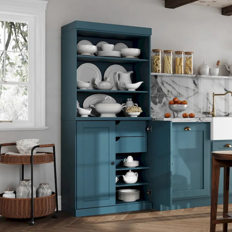 Dispensa da cucina in legno massello al 100% con 2 ante in vetro trasparente o legno massello e organizer a 2 cassetti by