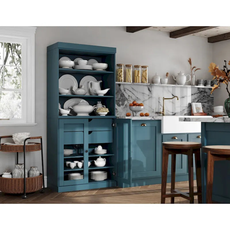 Dispensa da cucina in legno massello al 100% con 2 ante in vetro trasparente o legno massello e organizer a 2 cassetti by