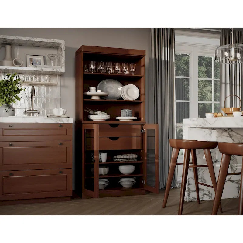 Dispensa da cucina in legno massello al 100% con 2 ante in vetro trasparente o legno massello e organizer a 2 cassetti by