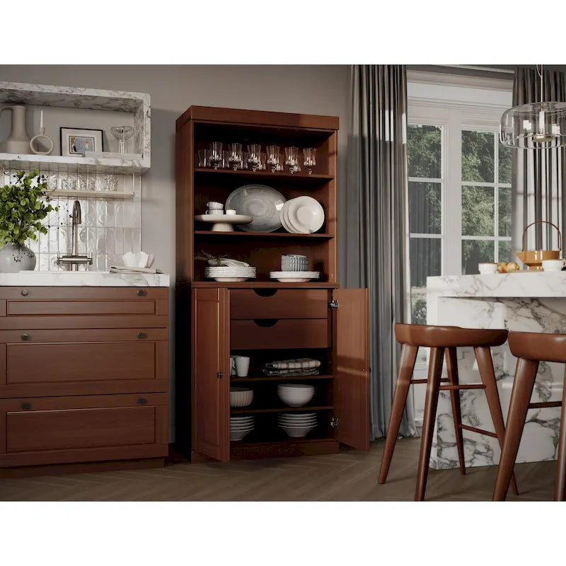 Dispensa da cucina in legno massello al 100% con 2 ante in vetro trasparente o legno massello e organizer a 2 cassetti by