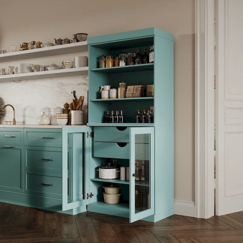 Dispensa da cucina in legno massello al 100% con 2 ante in vetro trasparente o legno massello e organizer a 2 cassetti by