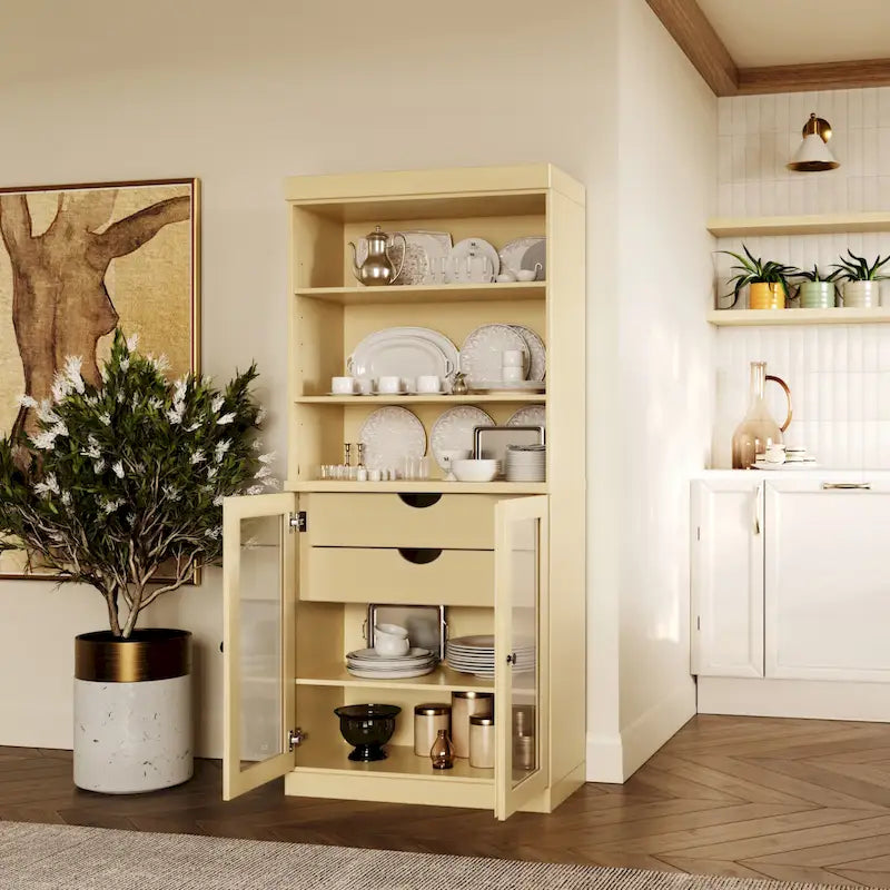 Dispensa da cucina in legno massello al 100% con 2 ante in vetro trasparente o legno massello e organizer a 2 cassetti by