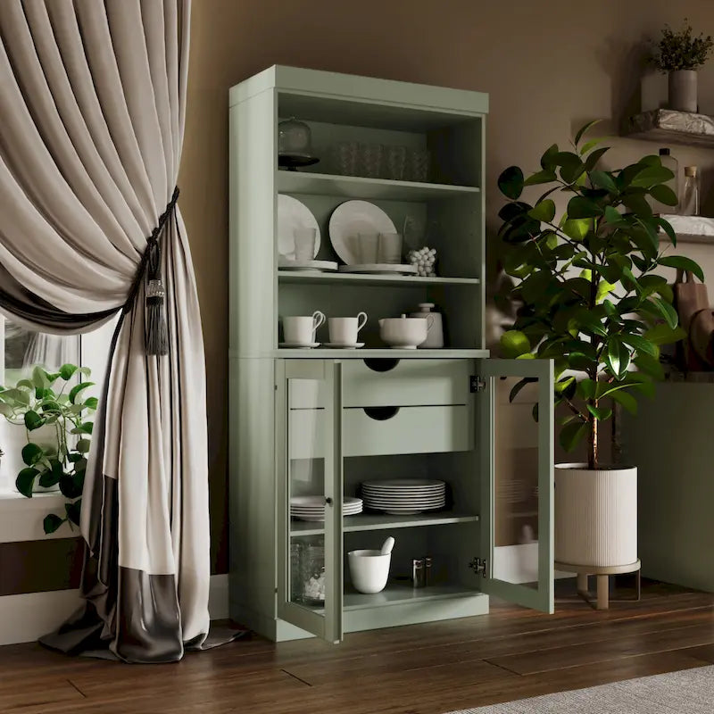Dispensa da cucina in legno massello al 100% con 2 ante in vetro trasparente o legno massello e organizer a 2 cassetti by