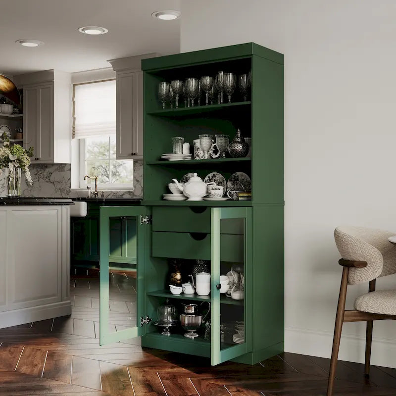 Dispensa da cucina in legno massello al 100% con 2 ante in vetro trasparente o legno massello e organizer a 2 cassetti by