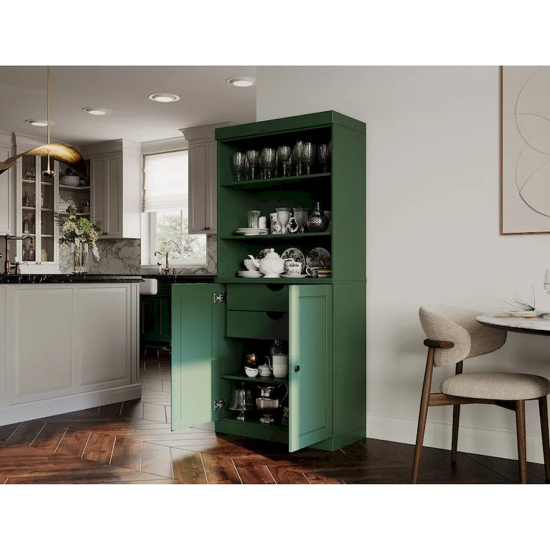 Dispensa da cucina in legno massello al 100% con 2 ante in vetro trasparente o legno massello e organizer a 2 cassetti by