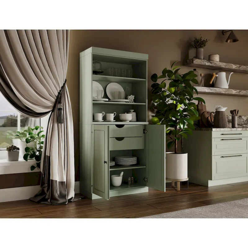 Dispensa da cucina in legno massello al 100% con 2 ante in vetro trasparente o legno massello e organizer a 2 cassetti by