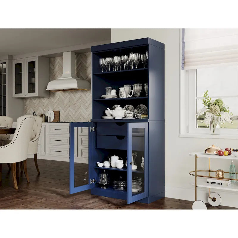 Dispensa da cucina in legno massello al 100% con 2 ante in vetro trasparente o legno massello e organizer a 2 cassetti by